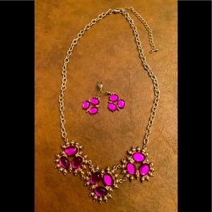 Gold and purple necklace set with matching 3 stone fishhook pierced earrings